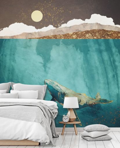 ballena bajo las aguas con papel pintado acuarela verde, azul y dorado ballena bajo las aguas con papel pintado acuarela verde, azul y dorado