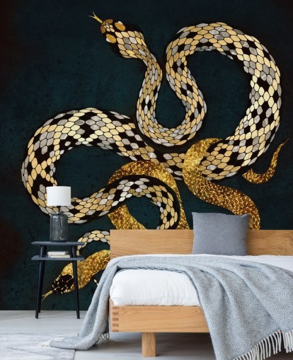 carta da parati con serpenti blu scuro, oro e argento