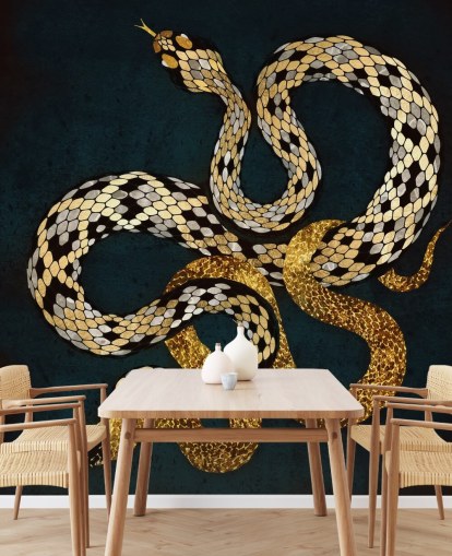 dark blue, gold and silver coloured snakes wallpaper
