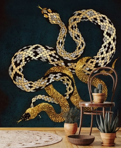 papier peint de serpents de couleur bleu foncé, or et argent