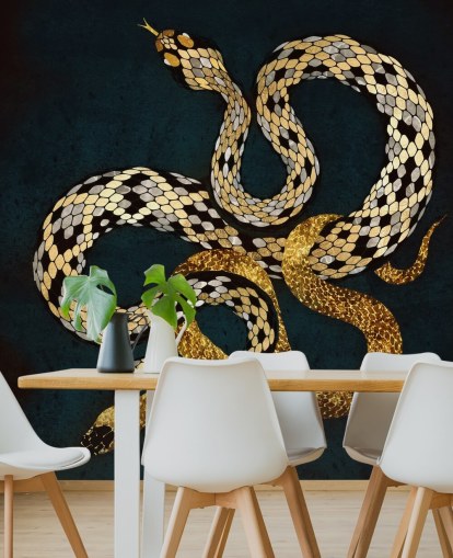 dunkelblaue, gold- und silberfarbene Schlangen-Tapete