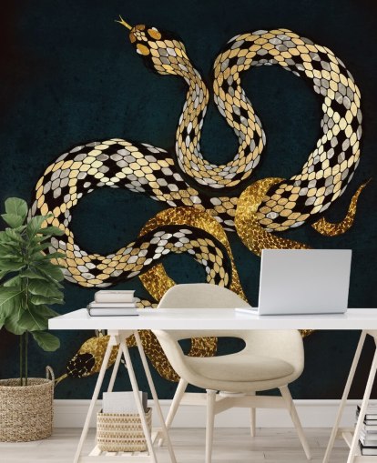 papel de parede de cobras de cor azul escuro, dourado e prateado