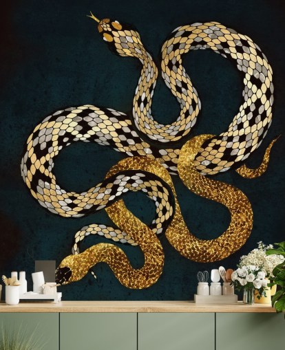 papel de parede de cobras de cor azul escuro, dourado e prateado