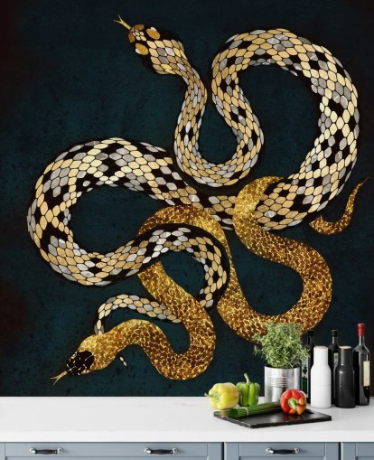 papel de parede de cobras de cor azul escuro, dourado e prateado