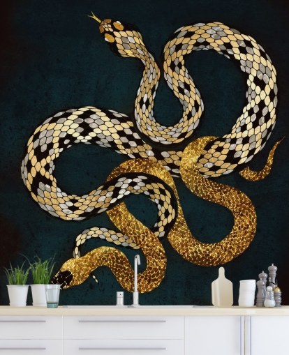 papel de parede de cobras de cor azul escuro, dourado e prateado