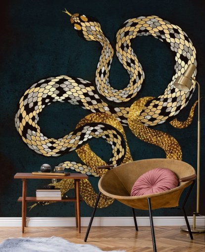 carta da parati con serpenti blu scuro, oro e argento