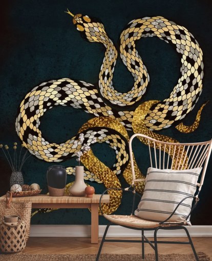 papel de parede de cobras de cor azul escuro, dourado e prateado
