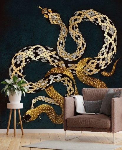 carta da parati con serpenti blu scuro, oro e argento