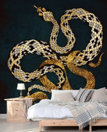 carta da parati con serpenti blu scuro, oro e argento
