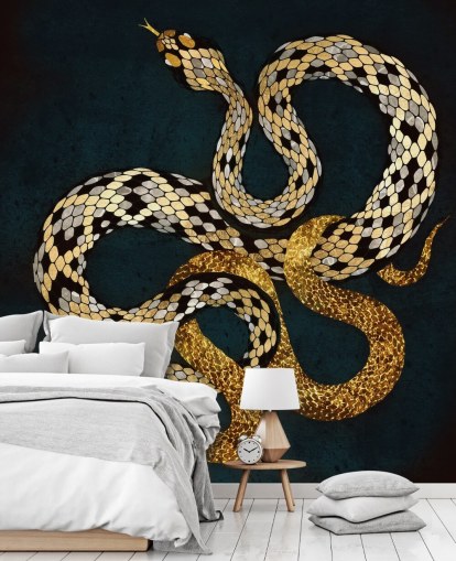 dark blue, gold and silver coloured snakes wallpaper