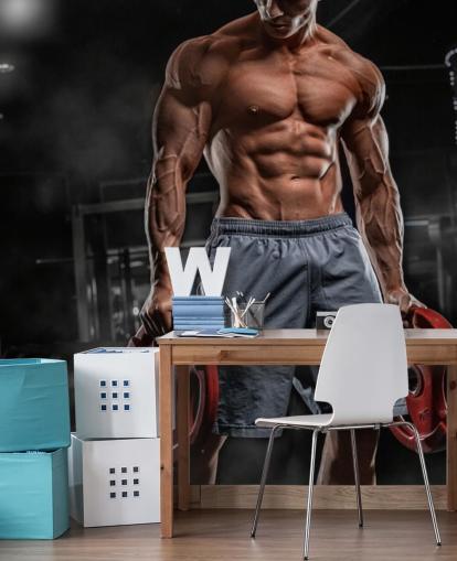 starker Bodybuilder-Mann mit Gewichten, Tapete