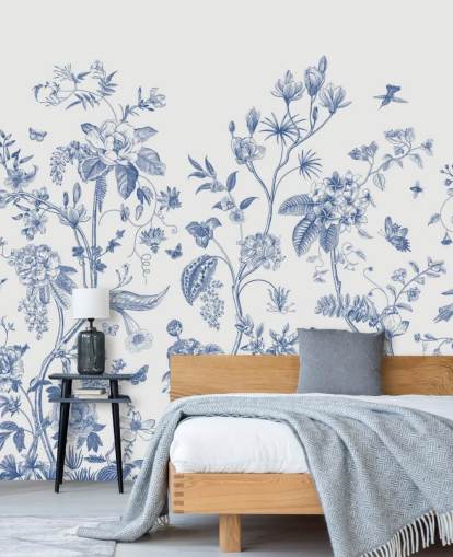 papel de parede floral oriental azul e branco papel de parede floral oriental azul e branco