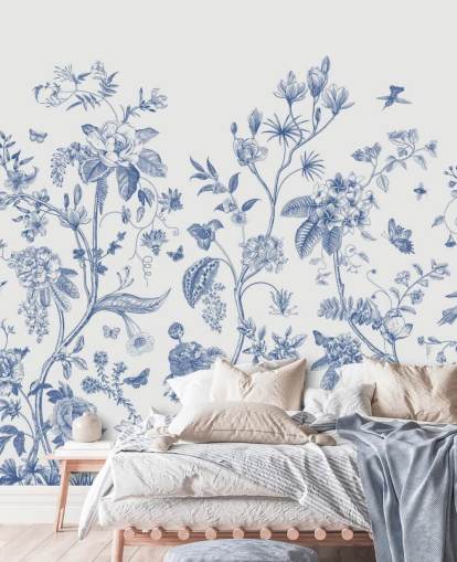 blauw en wit oriëntaalse bloemenbehang