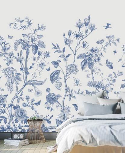 carta da parati floreale orientale blu e bianca