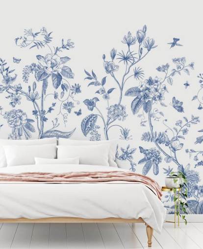 blauw en wit oriëntaalse bloemenbehang