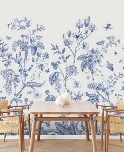 blaue und weiße orientalische Blumentapete