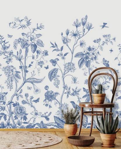 papel de parede floral oriental azul e branco