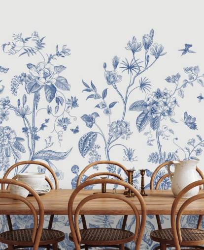 papel pintado floral oriental azul y blanco