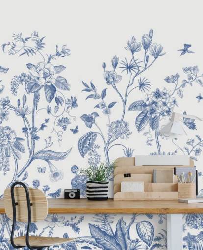 papel pintado floral oriental azul y blanco