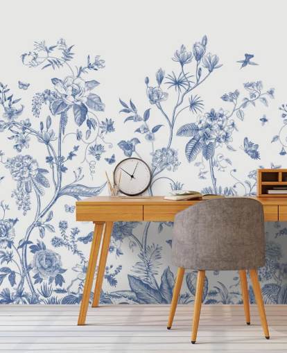 blå och vit orientalisk blommig tapet