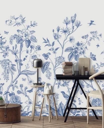 blauw en wit oriëntaalse bloemenbehang