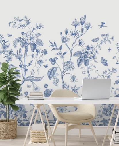 papel pintado floral oriental azul y blanco