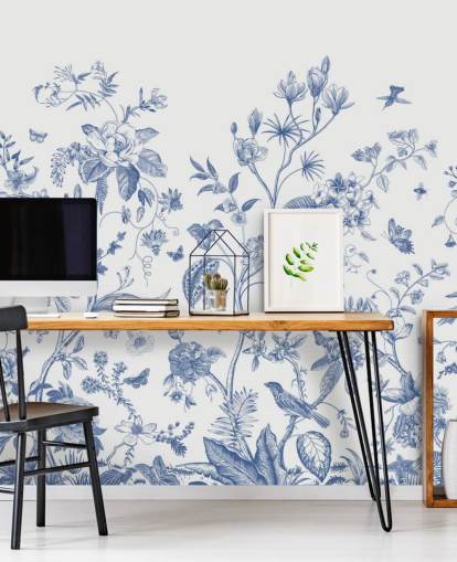 blauw en wit oriëntaalse bloemenbehang