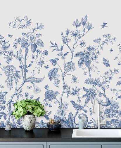 papel pintado floral oriental azul y blanco papel pintado floral oriental azul y blanco