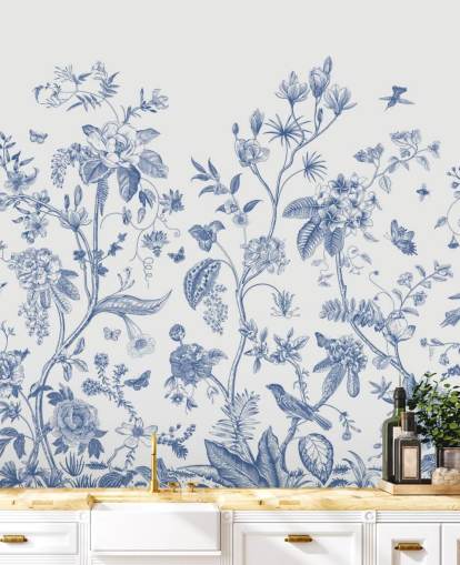 blå og hvit orientalsk floral tapet