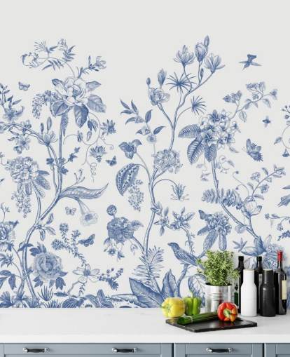 papel de parede floral oriental azul e branco