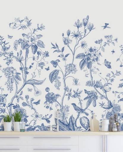 carta da parati floreale orientale blu e bianca