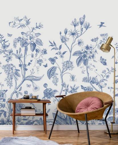 carta da parati floreale orientale blu e bianca