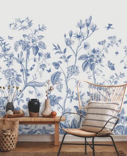 blue and white oriental floral wallpaper