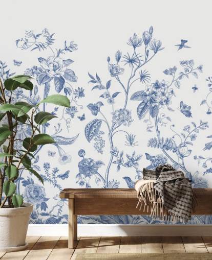 blå og hvid orientalsk blomster tapet