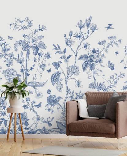 blue and white oriental floral wallpaper
