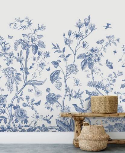 blå og hvid orientalsk blomster tapet