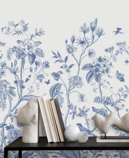 carta da parati floreale orientale blu e bianca