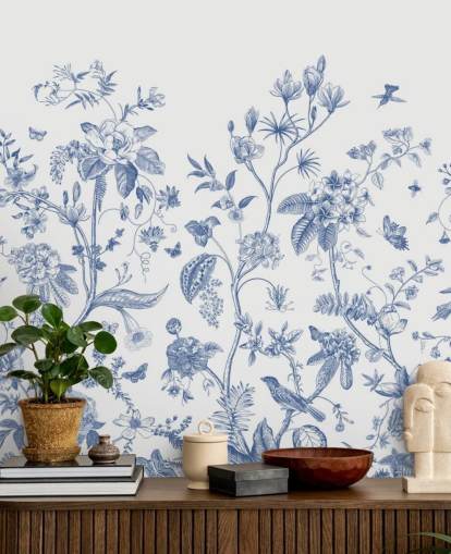 papier peint à fleurs orientales bleu et blanc