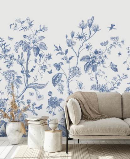 papier peint à fleurs orientales bleu et blanc