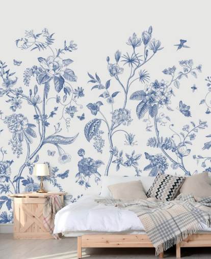 papel de parede floral oriental azul e branco