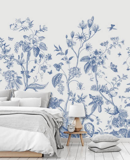papier peint à fleurs orientales bleu et blanc