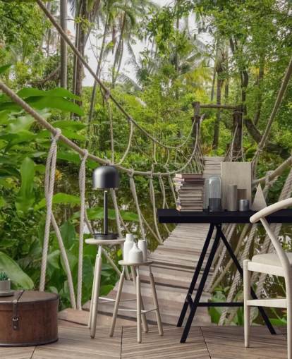 Hout- en touwbrug in een jungle behang