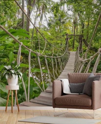 Hout- en touwbrug in een jungle behang