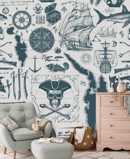 papel pintado dibujos piratas turquesa y blanco