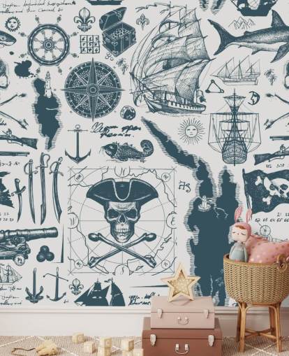 papier peint de dessins de pirates turquoise et blanc