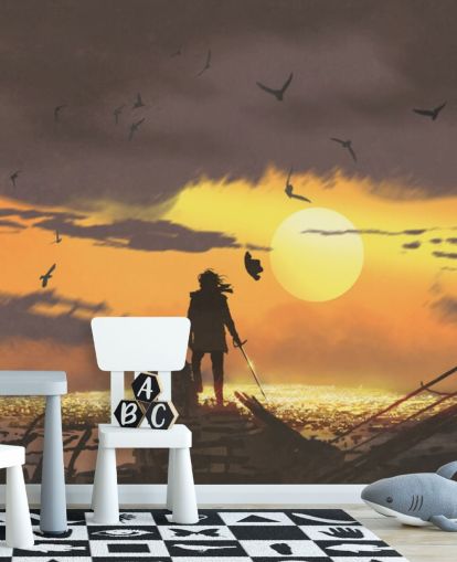 pirate on pirate ship at sunset wallpaper