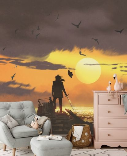 pirate on pirate ship at sunset wallpaper