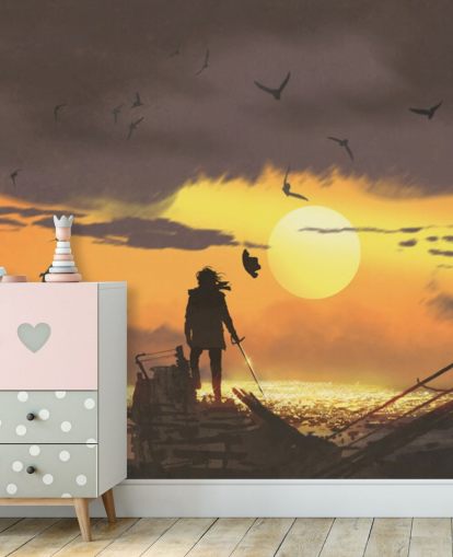 pirate on pirate ship at sunset wallpaper