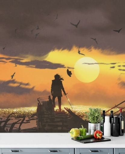 pirate on pirate ship at sunset wallpaper