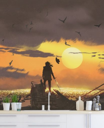 pirate on pirate ship at sunset wallpaper